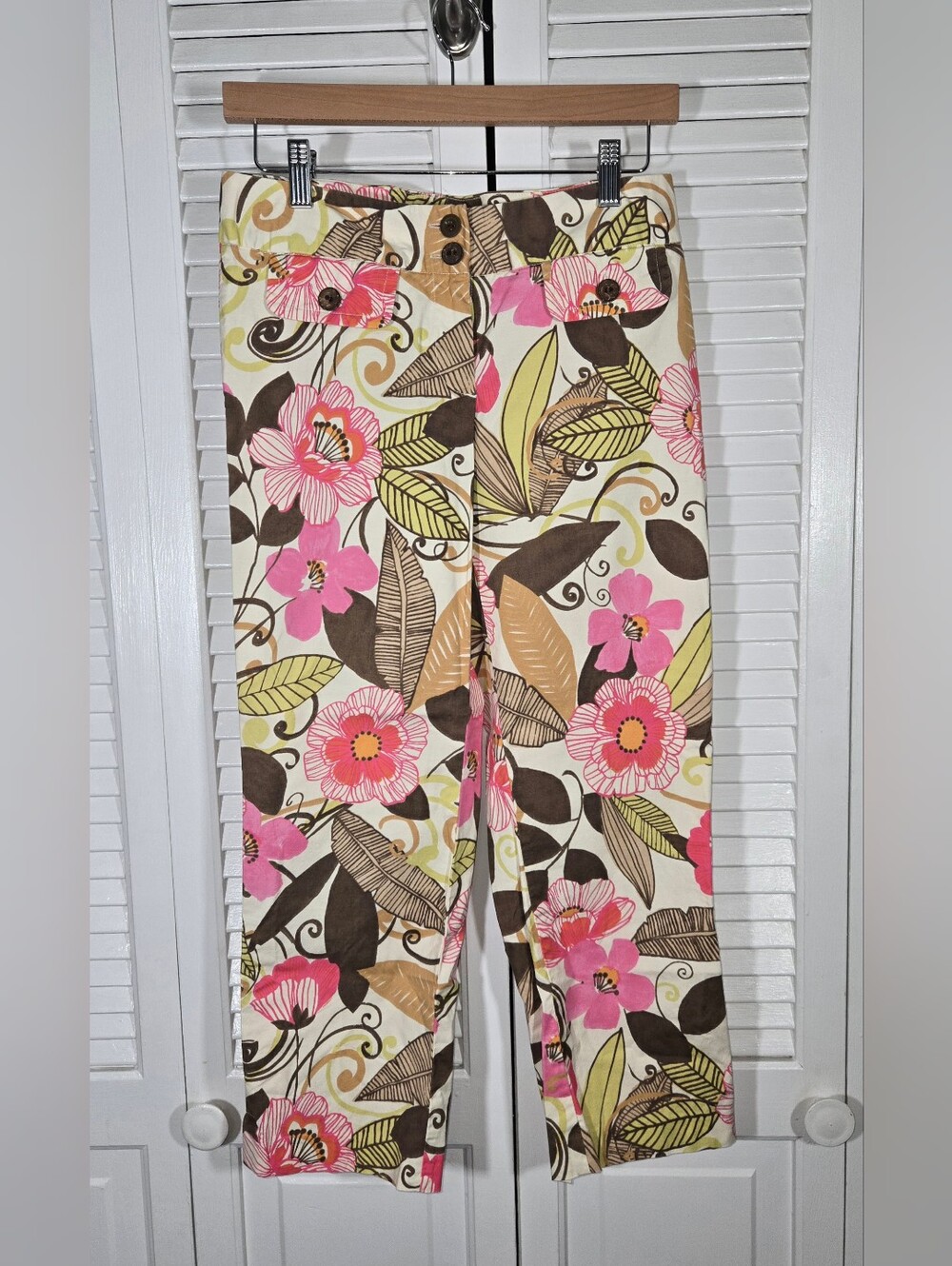 Sigrid Olson Capri Pink Brown Floral Cropped Trousers Mid Century Sz 2P
